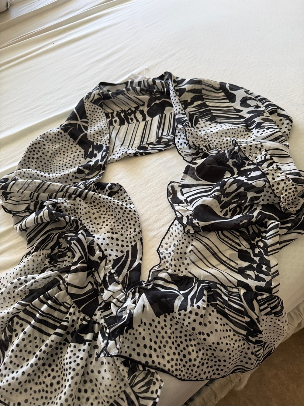 Chico's Black and White Printed scarf ruffles or shawl with Ruffle Hem